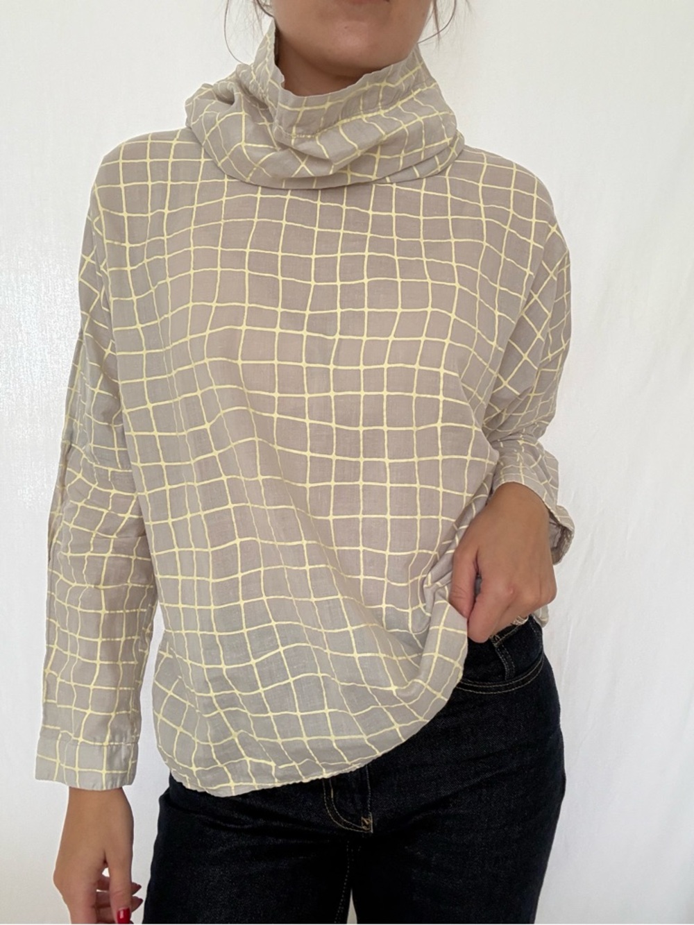 Saks Fifth Avenue Taupe Grid Turtleneck Blouse with Pale Yellow Checks